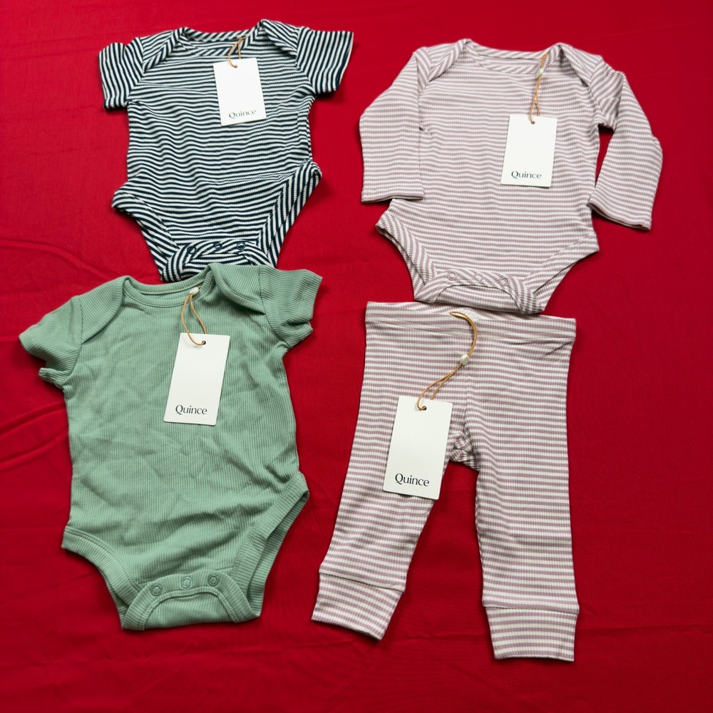 Quince Baby 4pc Set Bamboo Organic Cotton Ribbed Bodysuits & Pants 3-6M NWT